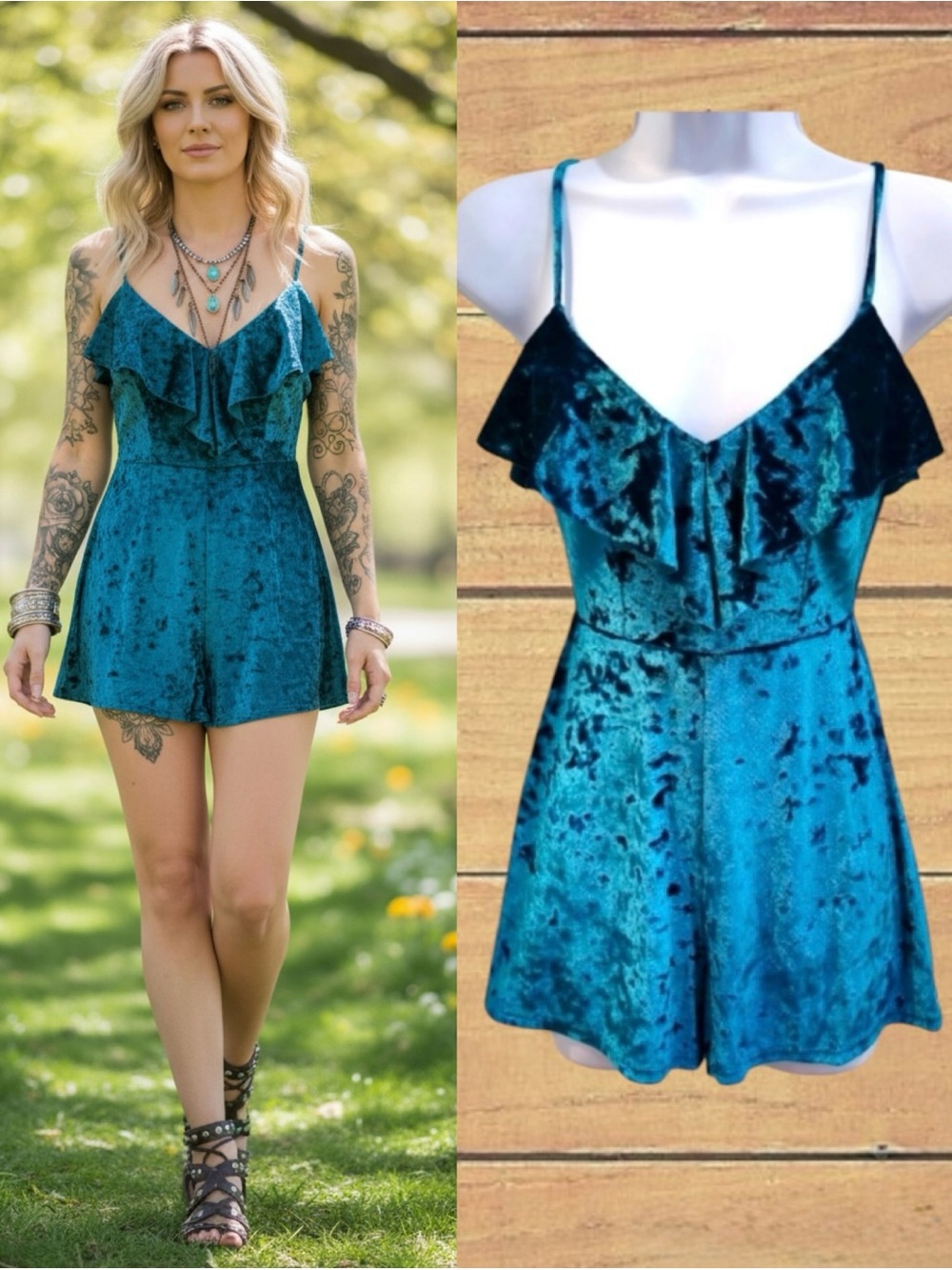 Urban Outfitters Teal Velvet Romper XS Ruffle Bust Tie Back Festival Fit